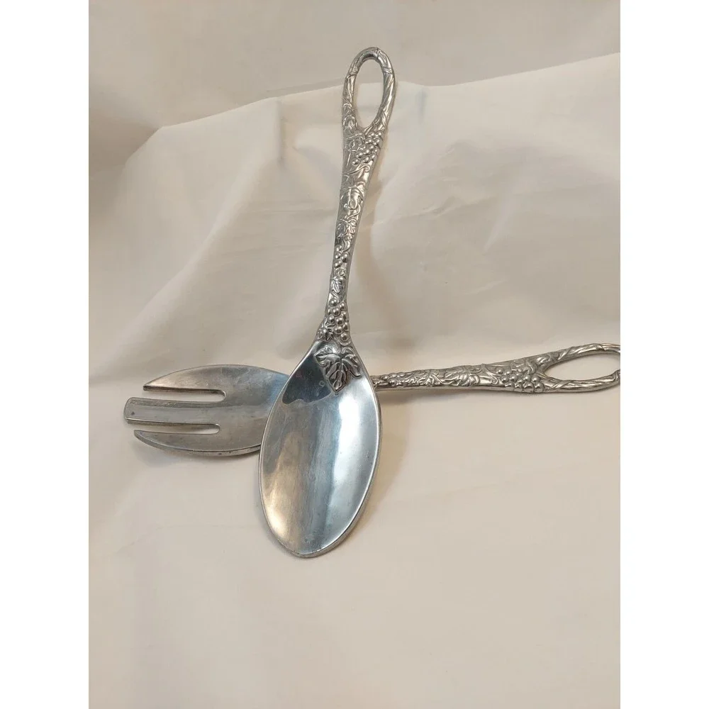 Vintage Lenox Salad Spoon Fork Server Set Aluminum Grapes Leaves 11.5”